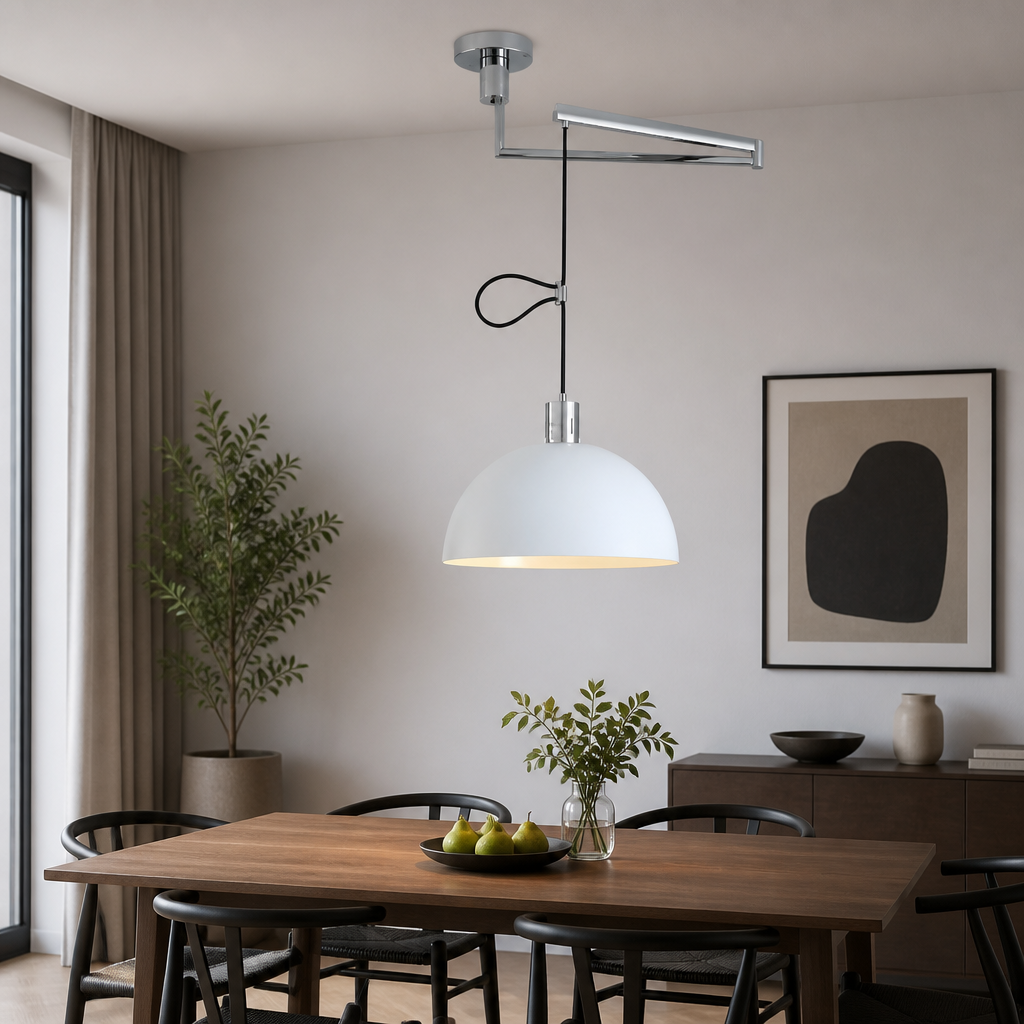 Chrome and white pendant light showing adjustable arm and ceiling mount