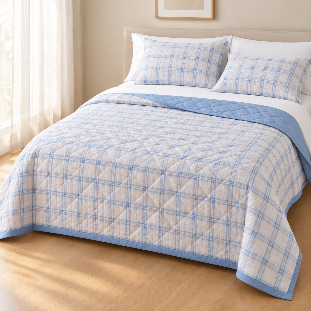 A light blue and white plaid quilted comforter set on a bed in a softly lit bedroom, with matching pillow shams and white sheets visible.