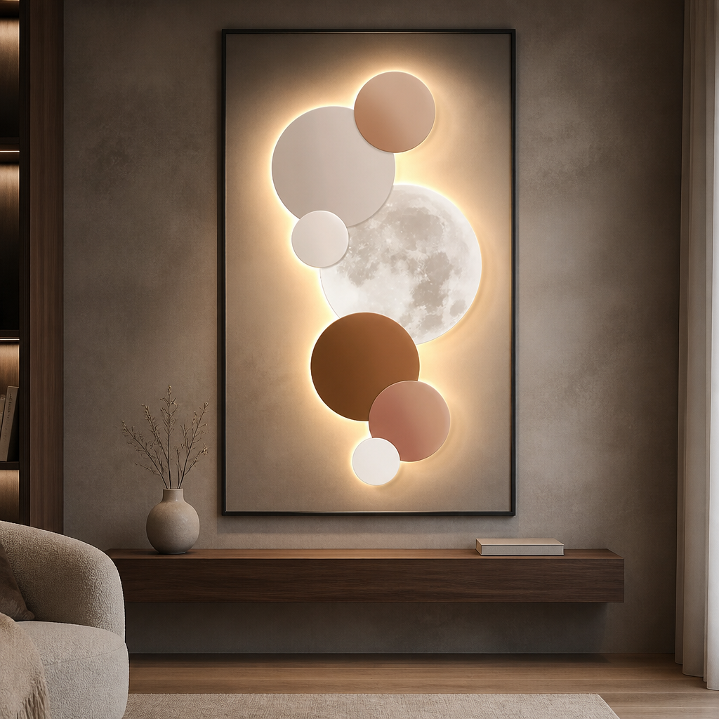 Warm beige and brown moon wall light glowing above a console table