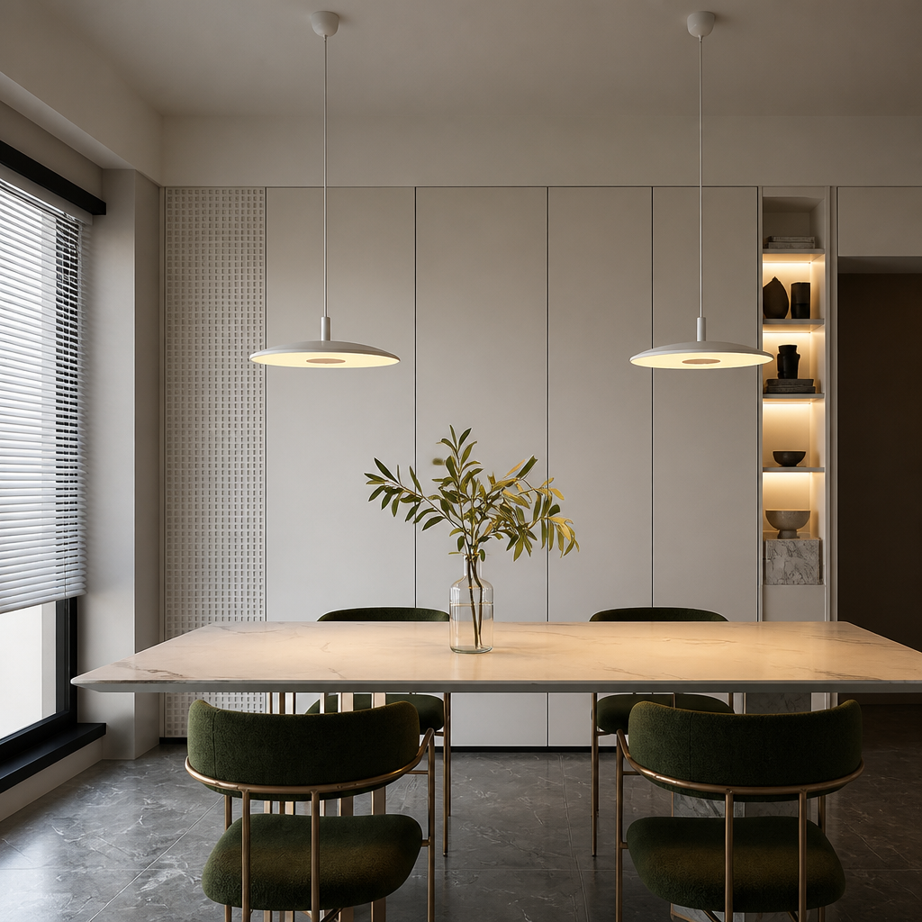 Modern dining room with a long table, chairs, and white pendant lights.