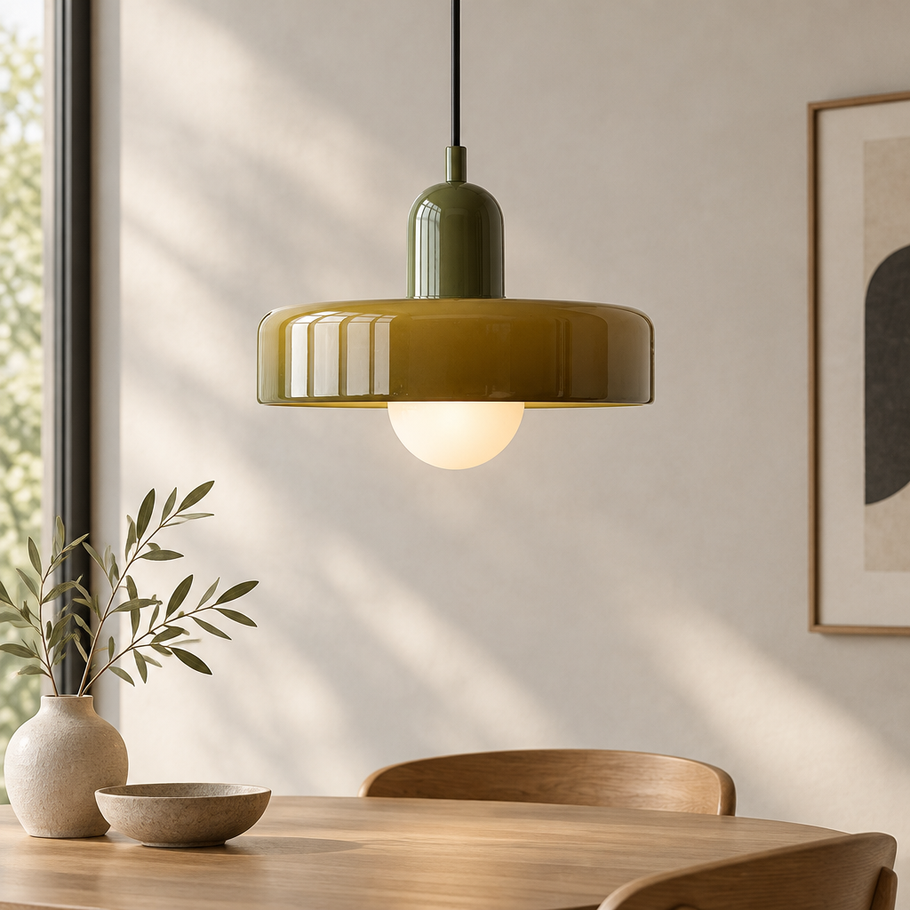 An olive green pendant light with a wide, rounded disc shade hangs over a wooden dining table in a softly lit room with a vase, bowl, and framed wall art.
