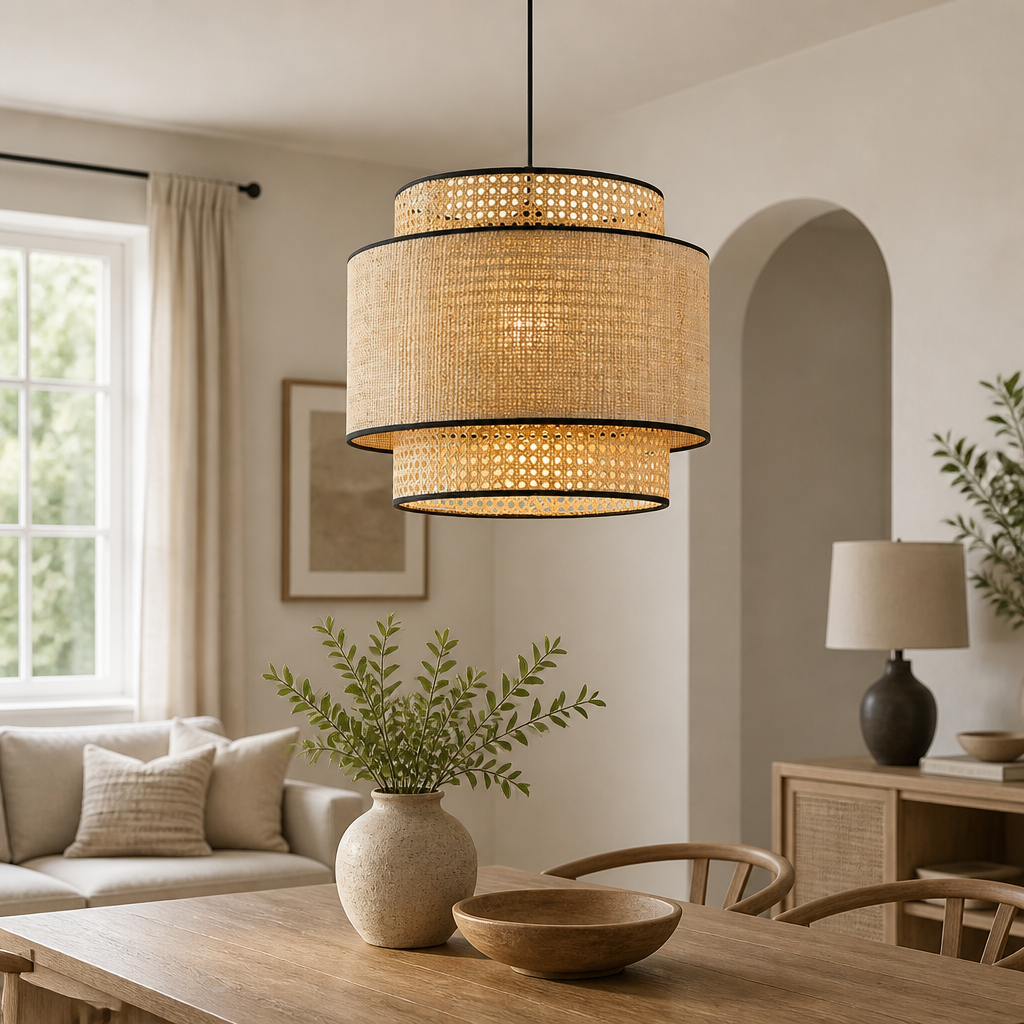 A two-tier cylindrical pendant light with a woven natural fiber shade and black metal trim, hanging in a warm, modern dining room setting.