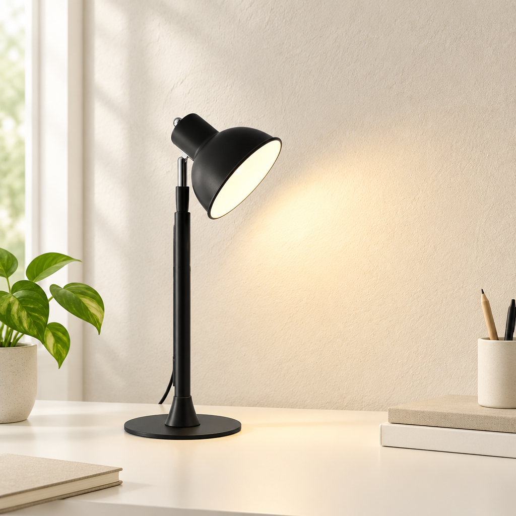 A black adjustable desk lamp with a conical shade and round base, illuminated and placed on a white desk in a bright room with a plant, books, and stationery.