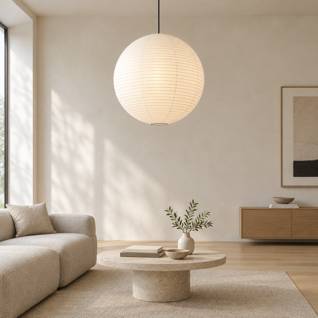 Round rice paper pendant light, 40 cm, with ribbed paper shade and 1.5 m adjustable hanging wire