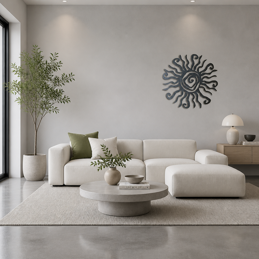 A modern living room featuring a white modular sectional sofa with green and white accent pillows, a round concrete coffee table, a large textured beige rug, and a dark metal sunburst wall art piece on the wall.
