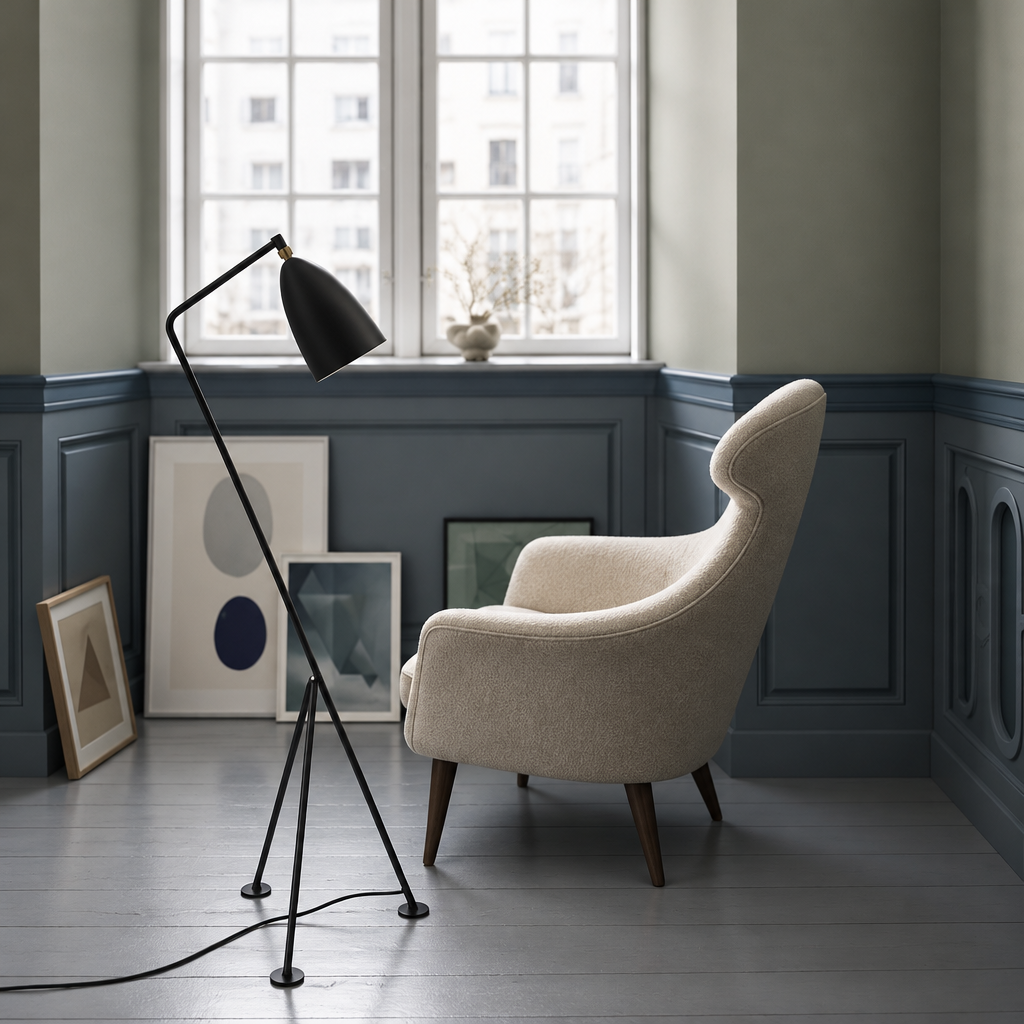 A modern beige upholstered armchair in a styled room corner with a black tripod floor lamp, framed abstract art, and a window.