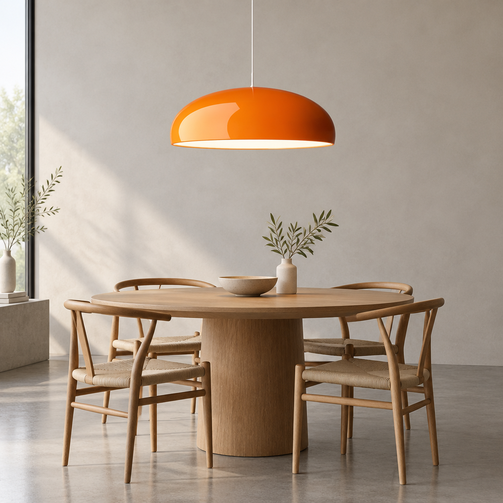 A modern dining room scene featuring a glossy orange dome pendant light hanging over a round wooden dining table with four matching wooden chairs.
