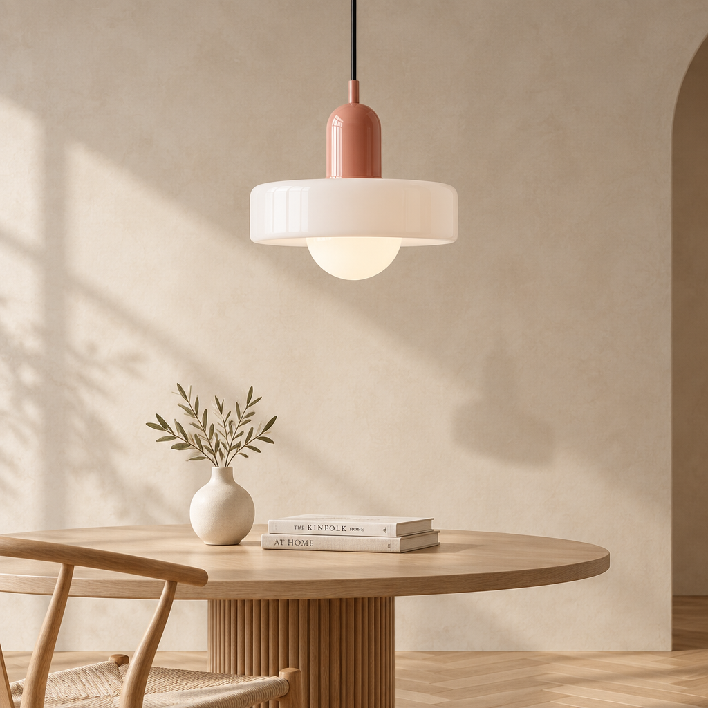 A modern pendant light with a matte white circular shade and a terracotta-colored cylindrical neck, hanging over a round wooden dining table in a warm, minimalist room.