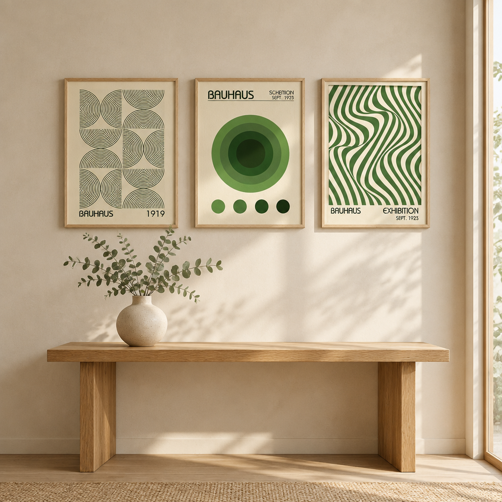 Three framed Bauhaus-style art prints in green and beige tones hang on a cream wall above a light wood bench with a vase of eucalyptus. The prints feature geometric and wavy abstract patterns with Bauhaus text.