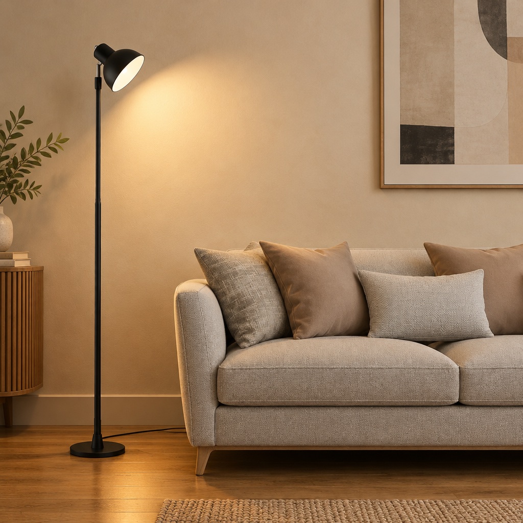 A modern black floor lamp with a conical shade stands lit next to a light beige sofa in a warm, contemporary living room setting.