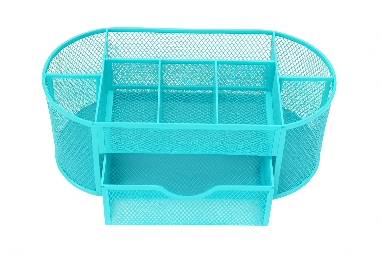 Turquoise mesh desk organizer with multiple compartments on a white background