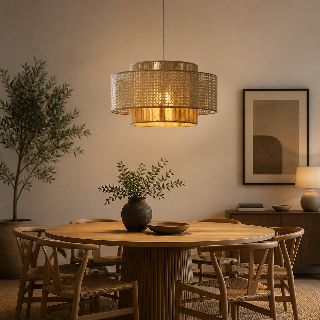 A warm, modern cylindrical pendant light with a woven rattan shade hangs over a round wooden dining table in a beautifully styled dining room with chairs, a potted tree, and framed wall art.