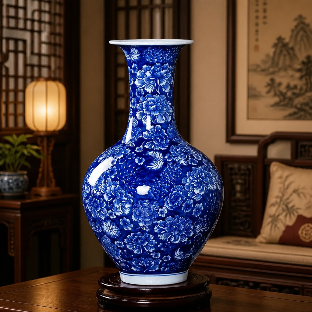 Blue and white pear-shaped porcelain vase with flared mouth
