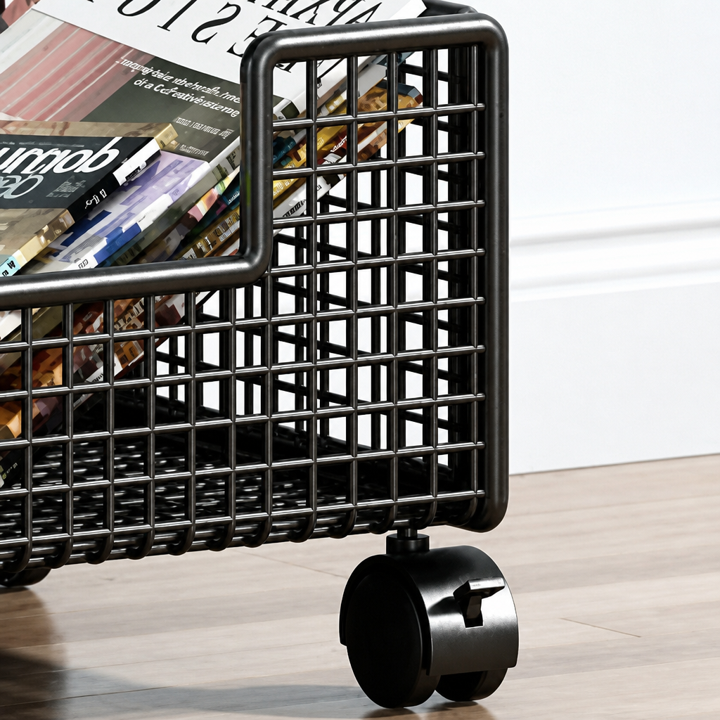 Close-up of black base storage rack with wheels.