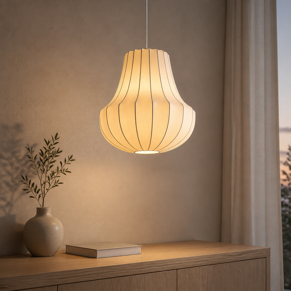 Warm cream wabi sabi ceiling shade with a rounded bell silhouette hanging above a wooden sideboard