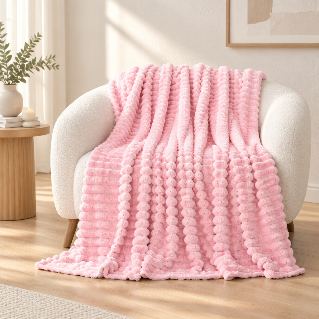 A soft pink textured throw blanket with vertical ribbed and pom-pom details draped over a cream-colored armchair in a bright, modern living room setting.