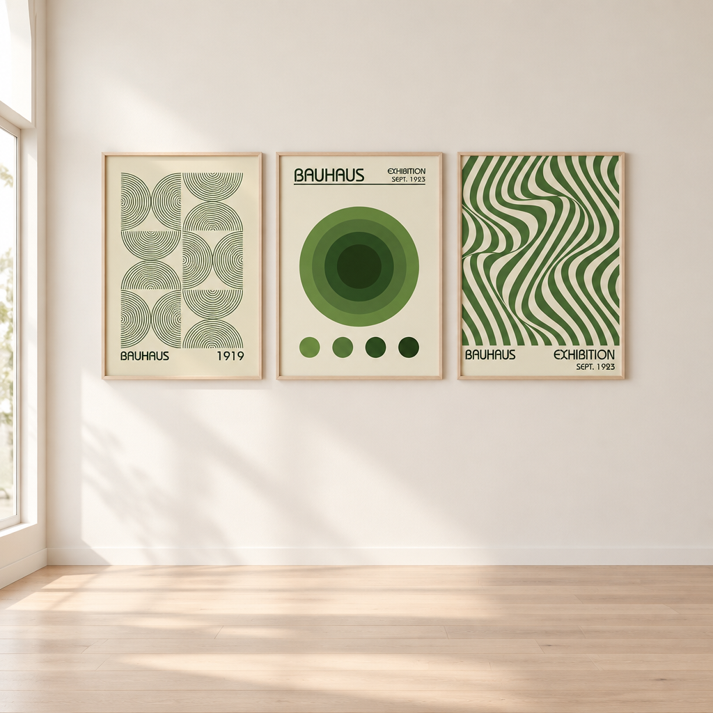 Three framed Bauhaus-style art prints in green and cream hang on a white wall above a light wood floor, with natural sunlight casting soft shadows.