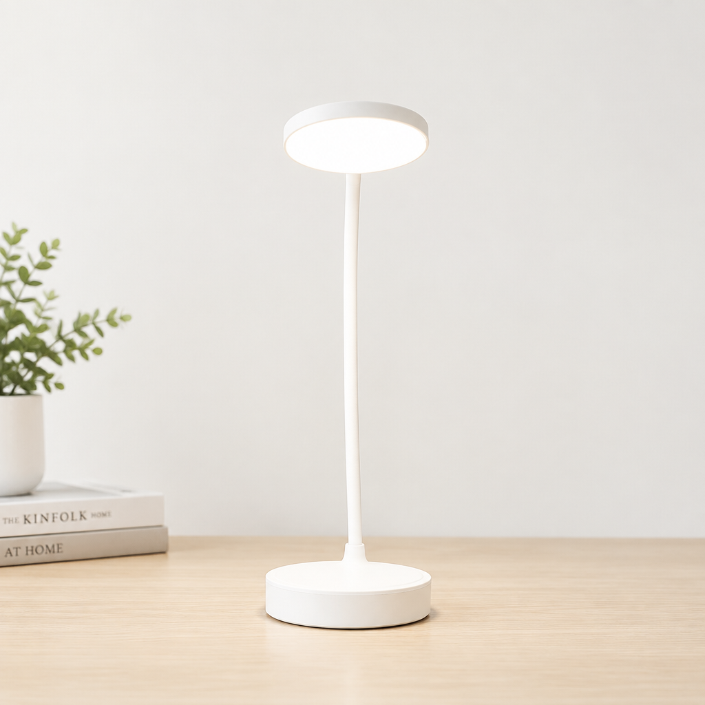 A modern white adjustable desk lamp with a circular head and round base, illuminated on a light wood tabletop against a white wall, with a small plant and books in the background.