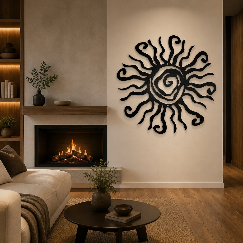 A black metal sun wall art piece with a swirling spiral center and radiating curved rays, mounted on a beige wall in a modern living room setting with a fireplace, sofa, and coffee table.