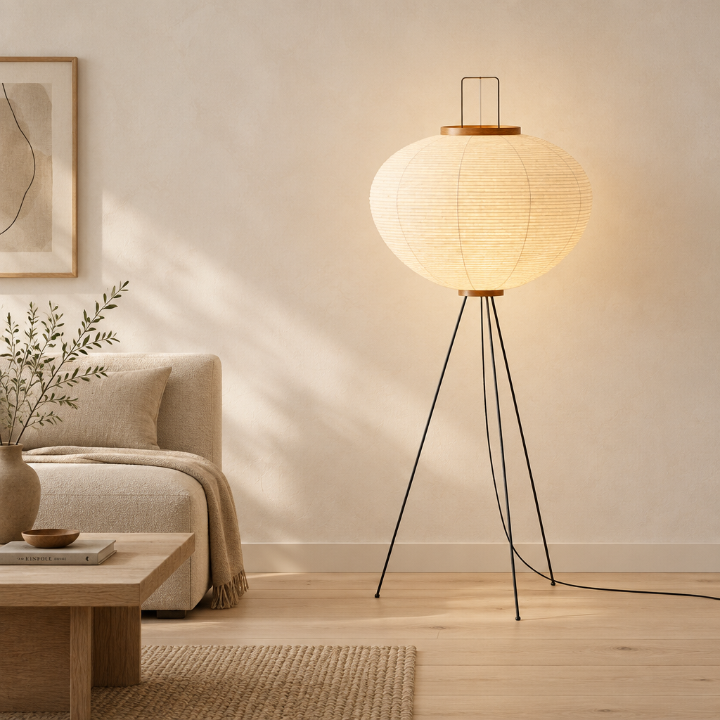 Large rice paper floor lamp on a black metal tripod base with wooden trim, 120cm tall and 53cm wide