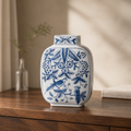 White vase with blue floral and bird patterns on a wooden surface