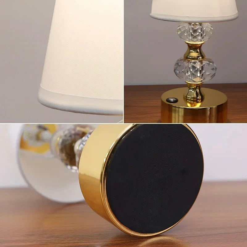 Detailed collage of white shade, metal stem, gold switch base, and lamp underside