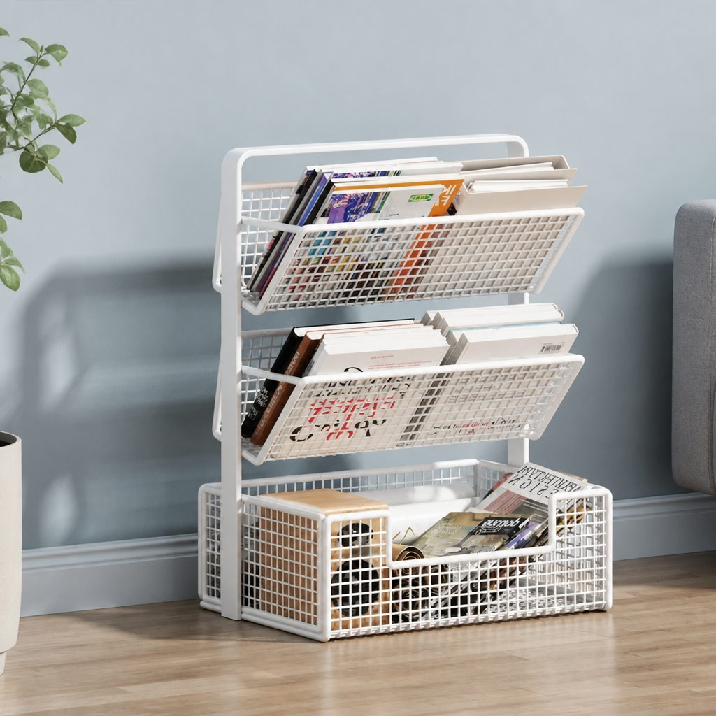 White 3-tier mesh book cart, 45cm
