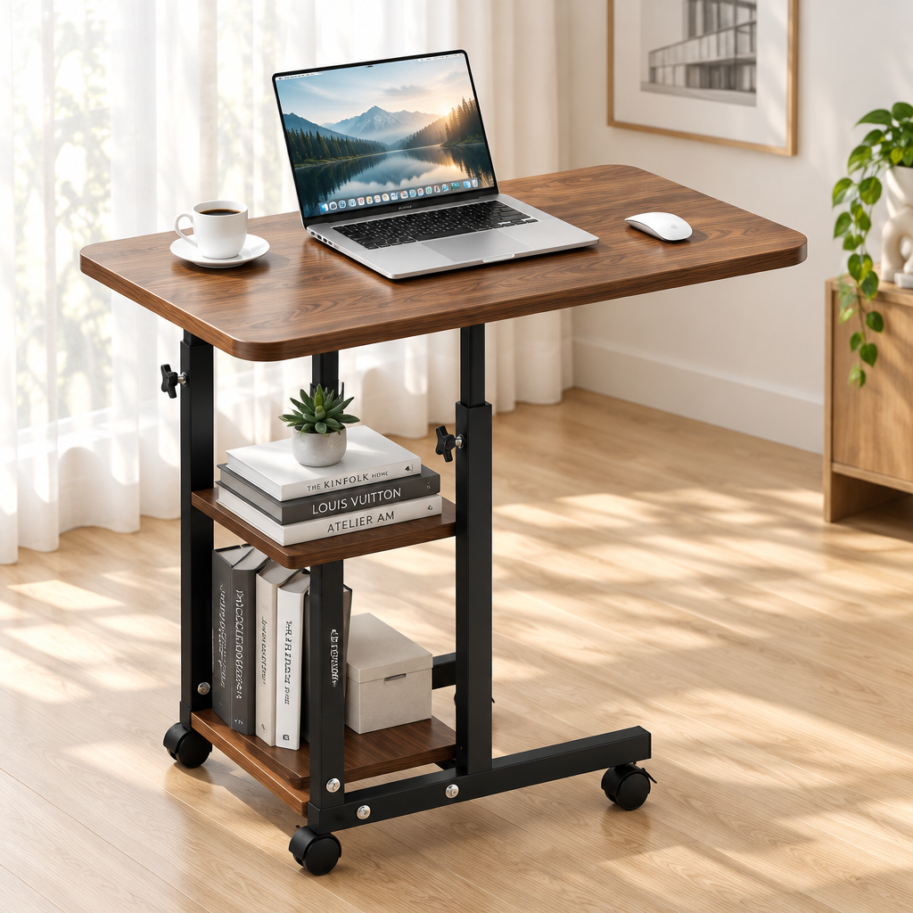 Walnut mobile desk with black frame, 80 × 40 cm, with laptop, mouse, and coffee on top.
