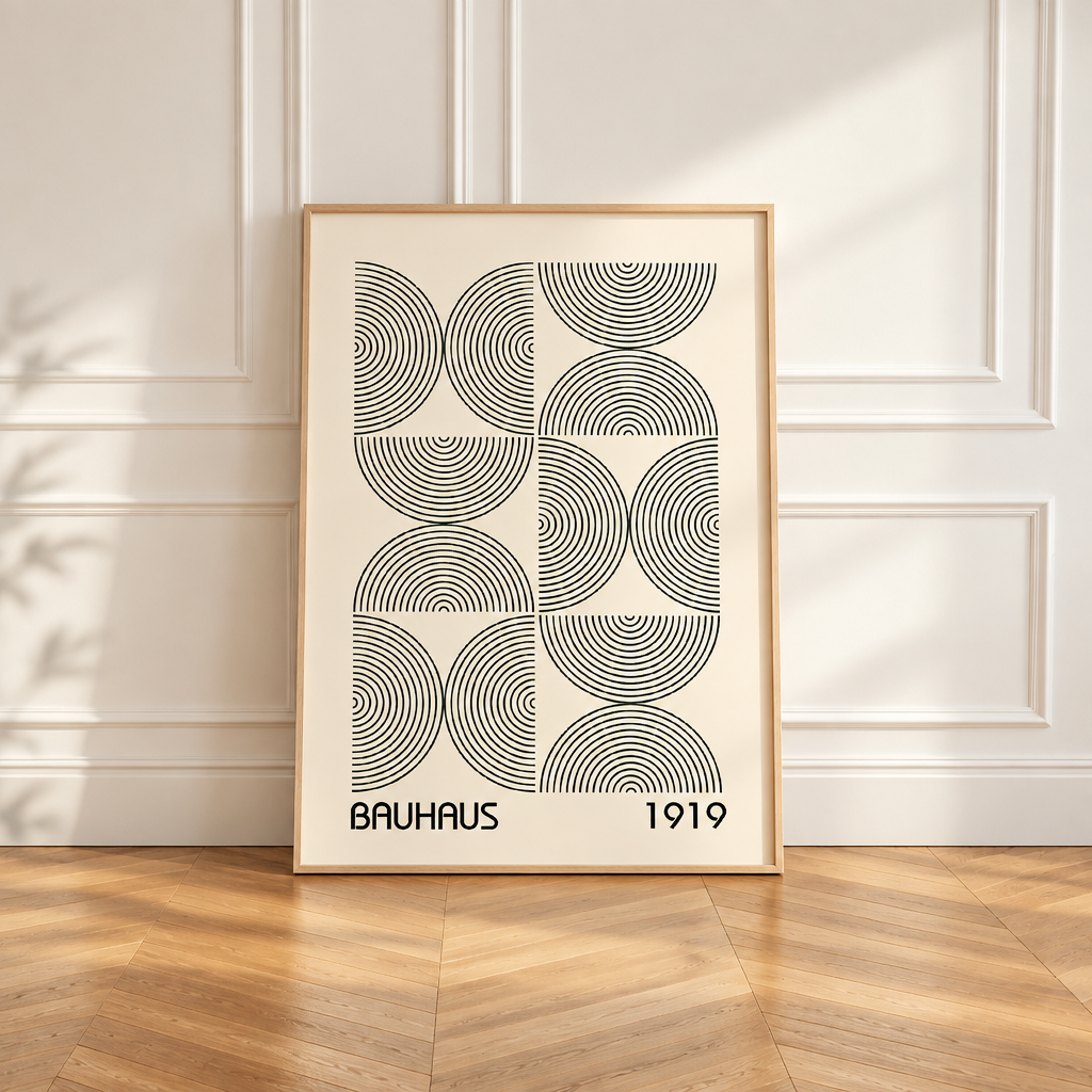 A framed Bauhaus 1919 art print with a black geometric line pattern on an off-white background, leaning against a white paneled wall on a light wood floor.