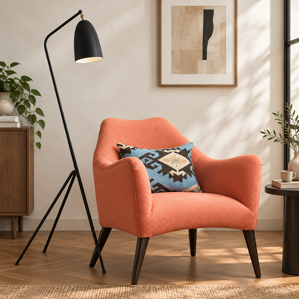 A mid-century modern accent chair in textured orange fabric with dark wood legs, styled in a sunlit room with a black floor lamp, a geometric throw pillow, and a wooden sideboard.