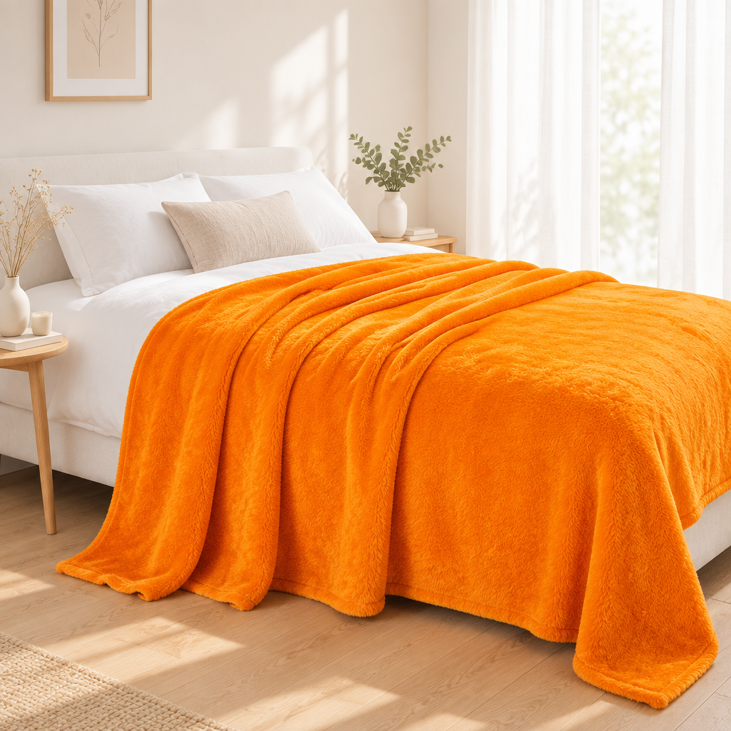 Orange plush blanket draped across a white bed with pillows