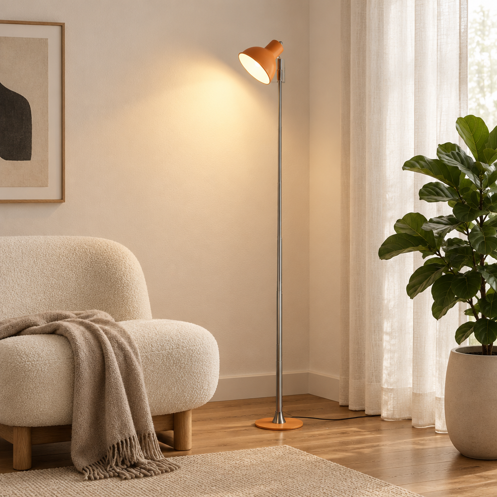 A modern floor lamp with a warm orange conical shade and a slim silver metal stem stands in a softly lit living room beside a cream boucle armchair, draped throw blanket, wood floor, sheer curtains, and a large green potted plant.