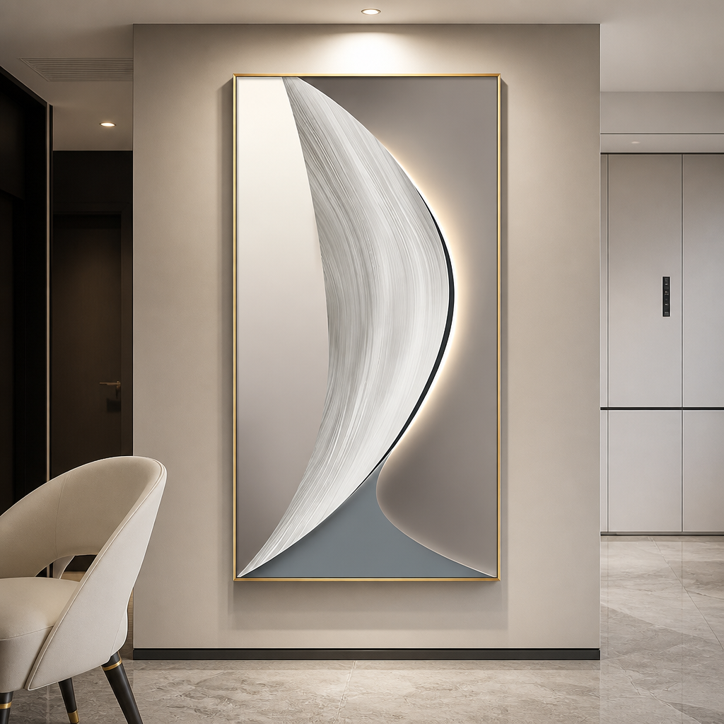 White curved LED wall art panel glowing in a hallway
