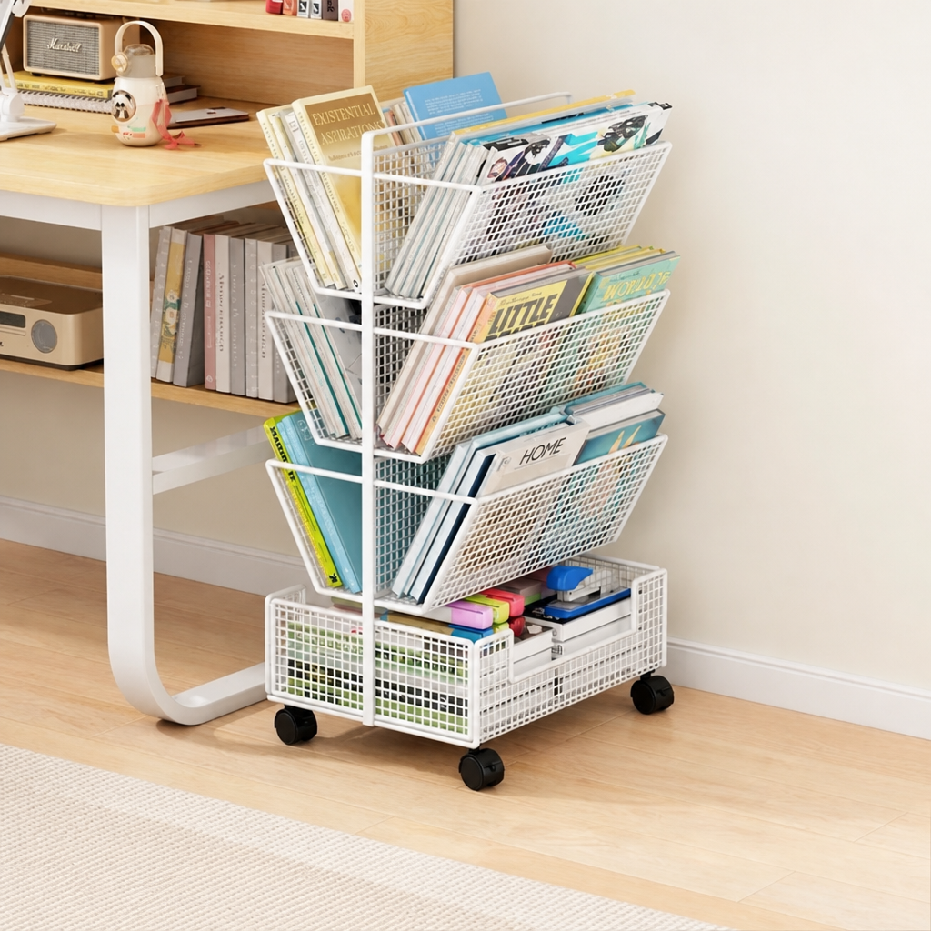 A white metal rolling bookshelf organizer with three tiers of angled mesh baskets and a lower storage bin, shown in a home office setting next to a wooden desk.