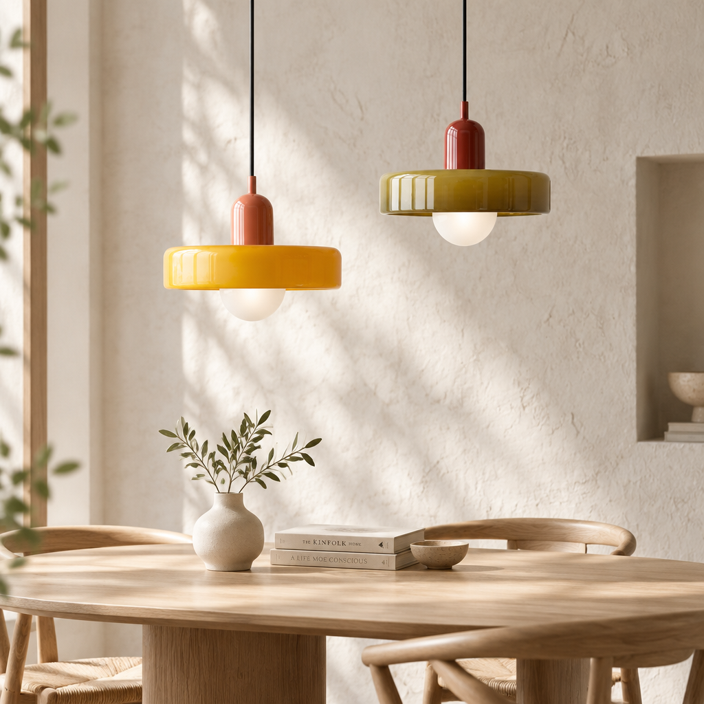 Two modern pendant lights with ribbed circular shades in yellow and olive green hang above a light wood dining table with chairs in a warm, sunlit room.