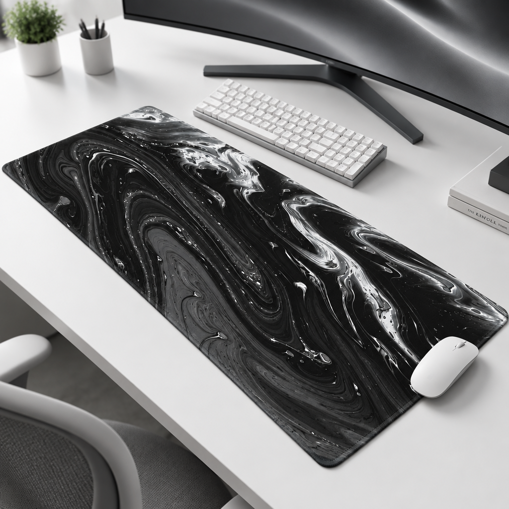 A large rectangular desk mat with a black and white marble swirl pattern, shown on a white desk next to a keyboard, mouse, and computer monitor.