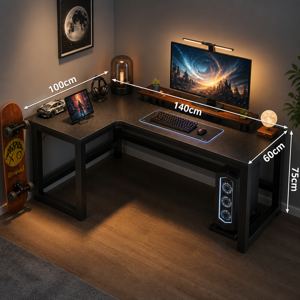 Gaming desk with dimensions labeled, featuring a computer setup.