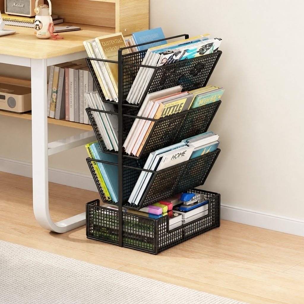 Black 4-tier mesh book cart, 64cm, beside a wooden desk