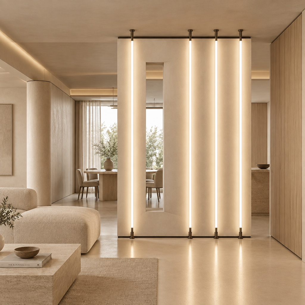 A modern interior space featuring a tall decorative screen or partition with four vertical illuminated lights, set in a warm beige minimalist room.