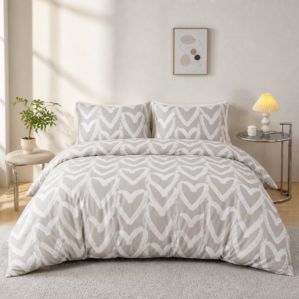 Neatly made Grey bedding set and pillows in a bedroom setting.