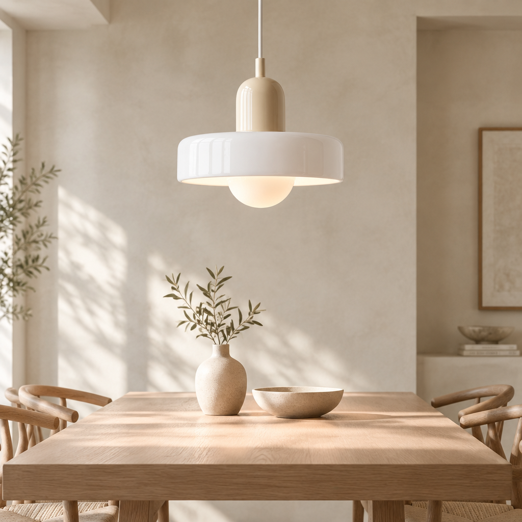 A modern pendant light with a white flared shade and a warm beige cylindrical shade above it, hanging over a wooden dining table in a minimalist beige-toned room.