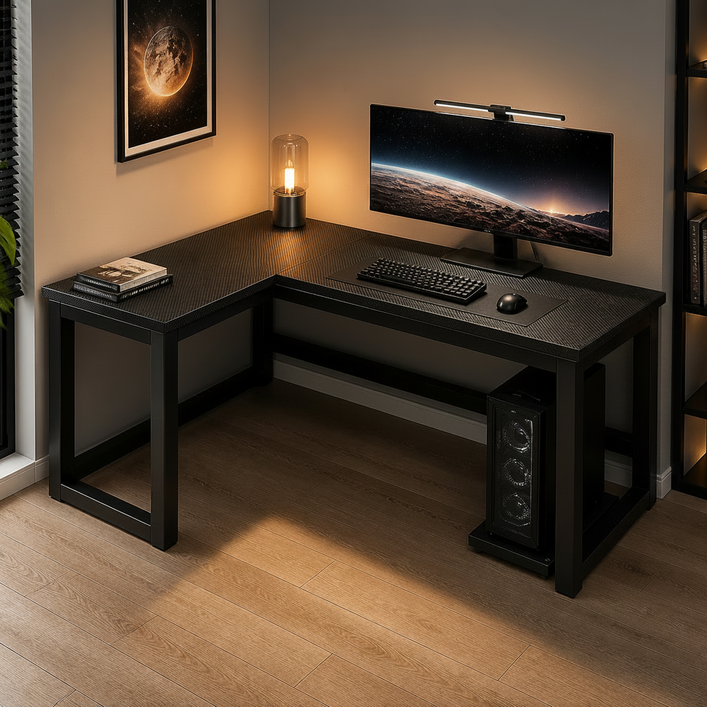 Modern home office setup with a black L-shaped desk, computer monitor, keyboard, and speakers.