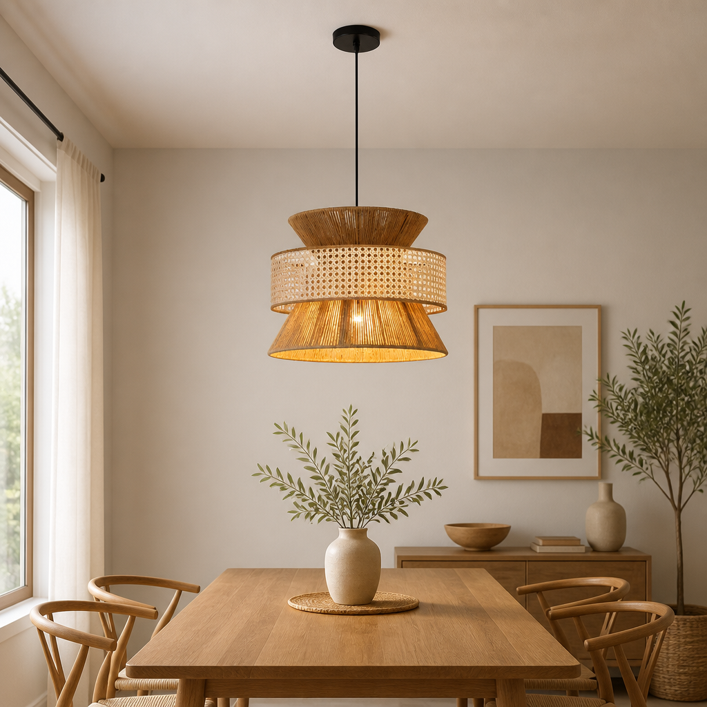 A bohemian-style woven pendant light with tiered wooden shades hangs over a wooden dining table in a warm, modern dining room.