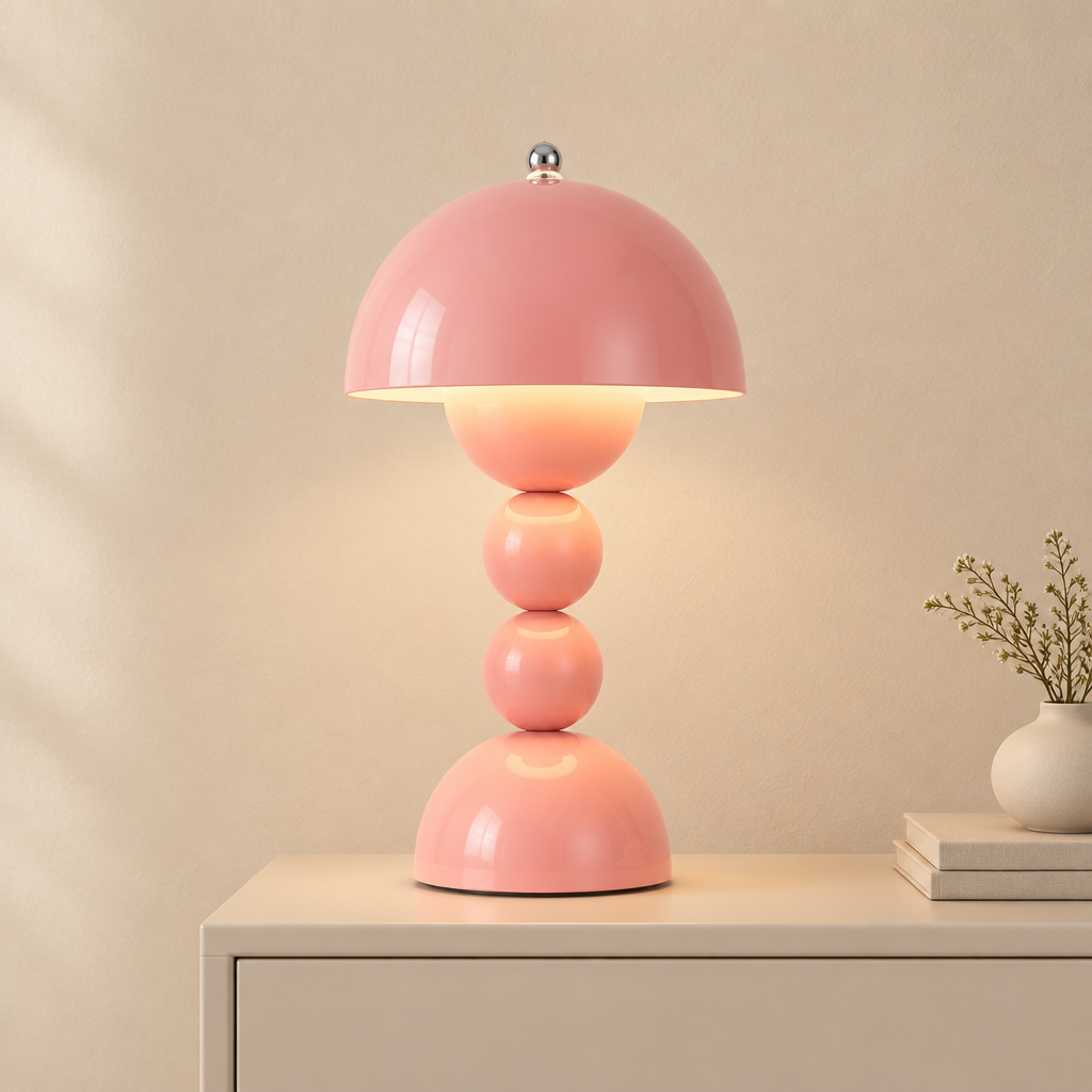 A pink table lamp with a dome-shaped shade and stacked spherical base, shown lit on a light beige surface against a warm beige wall. A small vase with dried stems and stacked books sit to the right.