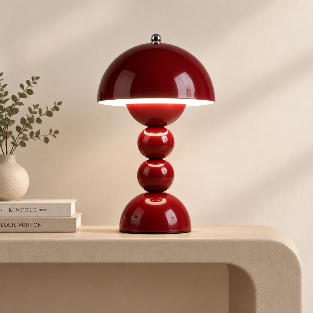 A glossy deep red mushroom-shaped table lamp with a tiered spherical base, styled on a beige stone surface next to a small vase with greenery and books against a warm beige wall.