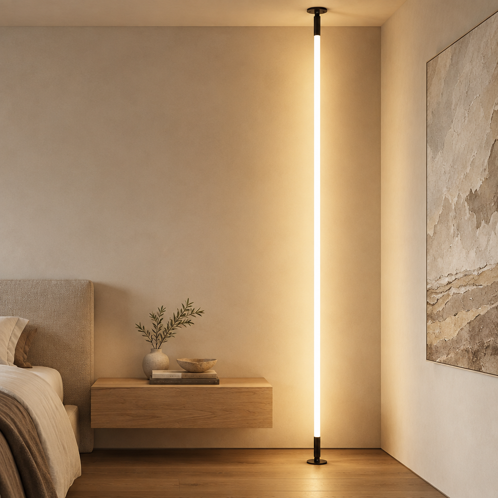 A modern minimalist floor lamp with a slim vertical white tube light on a black stand, positioned in a bedroom next to a bed and a floating wooden nightstand.