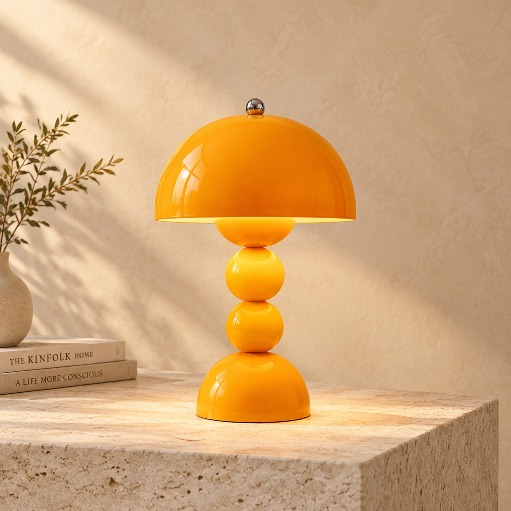 A glossy orange table lamp with a mushroom-shaped shade and stacked spherical base, placed on a stone pedestal against a textured beige wall with warm sunlight and shadows.