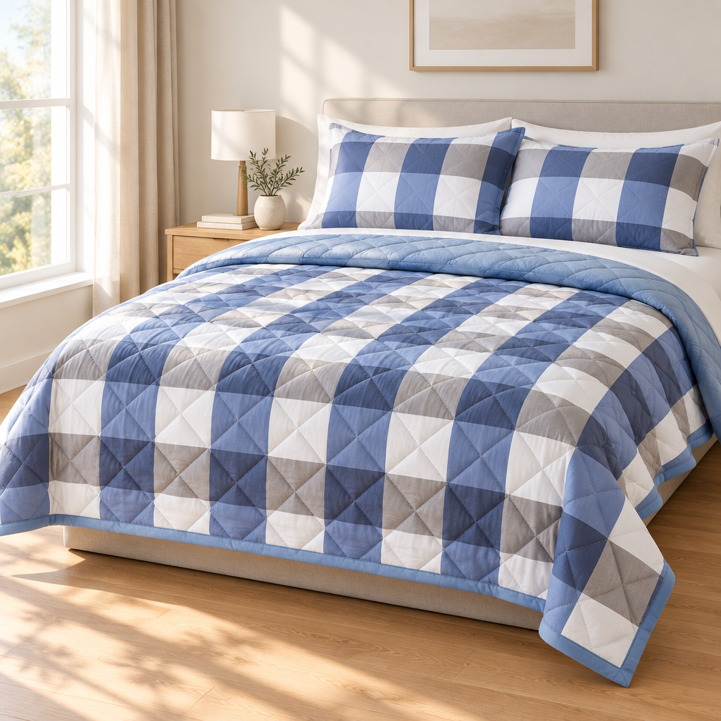 Blue, grey, and white block check quilted comforter with a light blue border.