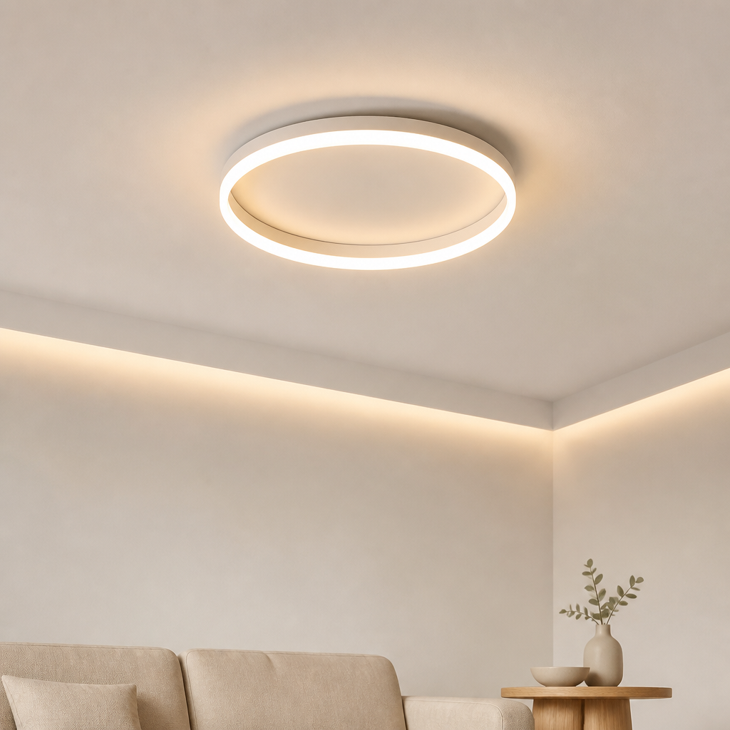 White modern round LED ceiling light with a circular strip light and a 7cm slim profile.