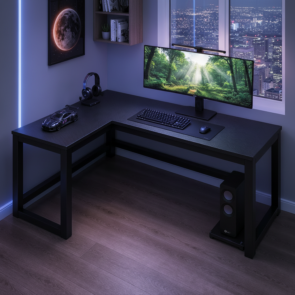 Gaming desk with dimensions labeled, featuring a monitor, keyboard, and speakers.
